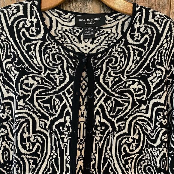 Colette Mordo Sadimara Sz M Black White Jacquard Knit Midi Button Sweater Jacket - Picture 11 of 12